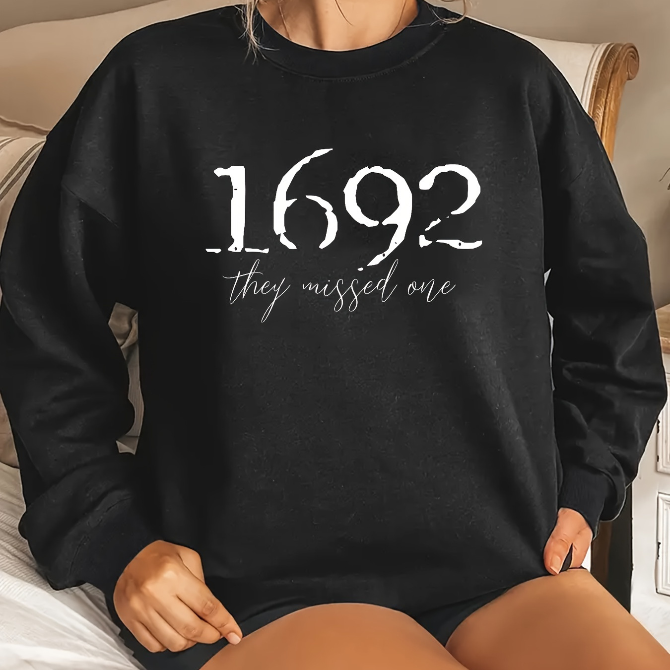 

1692 Print Sweatshirt, Crew Neck Casual Sweatshirt For Fall & Spring, Women's Clothing