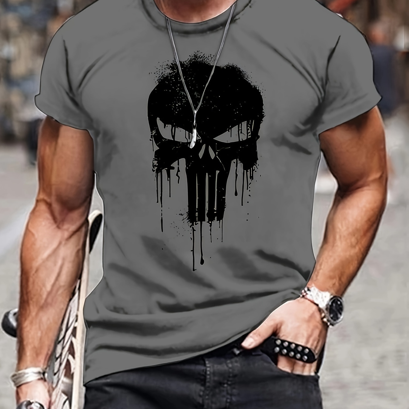 

Skull And Paint Mark Pattern Crew Neck And Short Sleeve T-shirt, Stylish And Chic Tops For Men's Summer Street Wear, Quick Dry Tees For Men