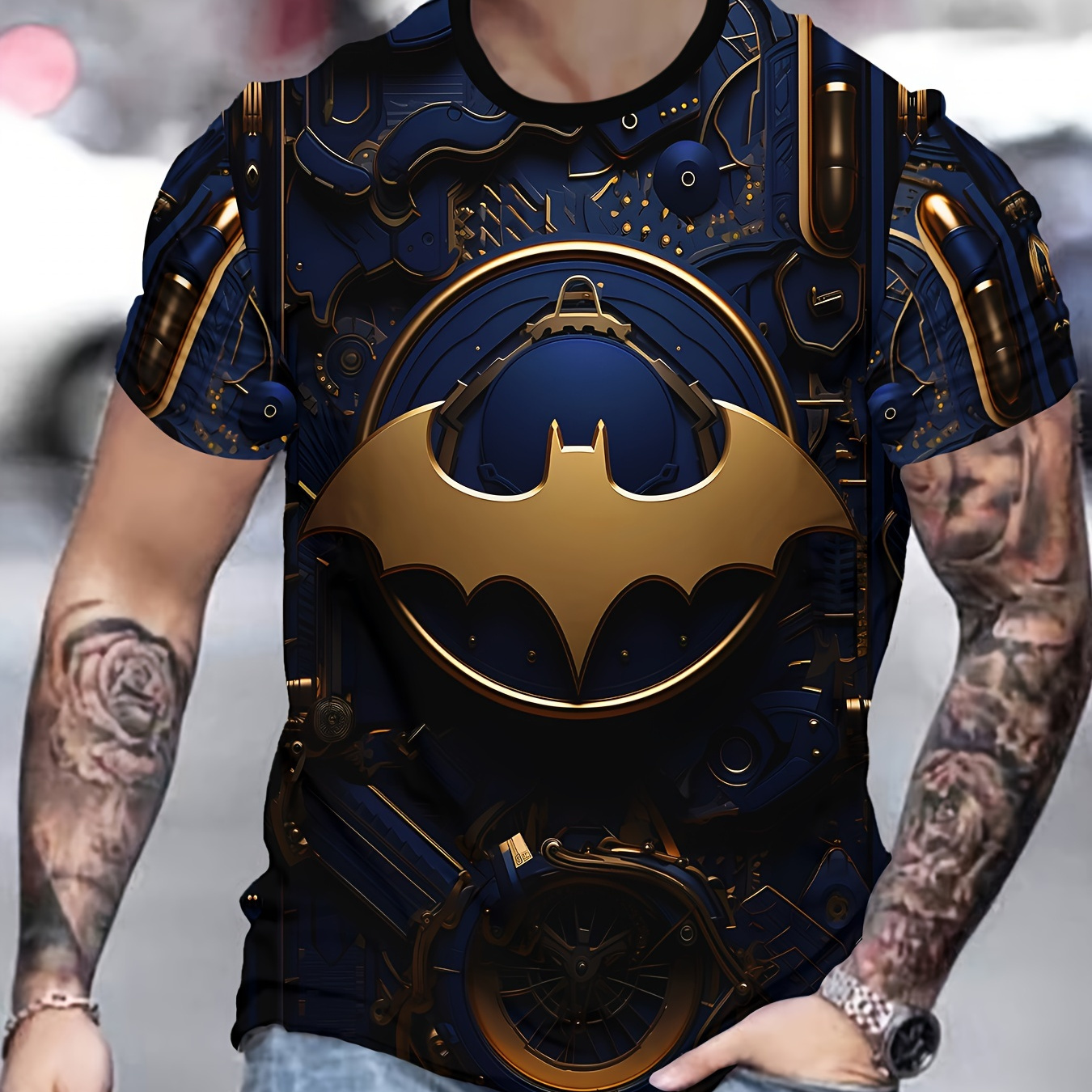 

Men's Novelty Short Sleeve T-shirts With Geometric Superhero Emblem Design, 100% Polyester, , Crew Neck, Slight Stretch Fabric, Regular Fit Adult Knit Tops