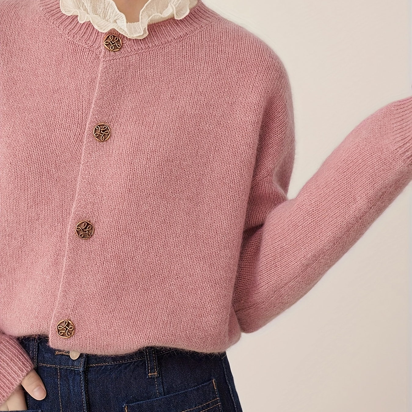 

Elegant Pink Knit Cardigan For Women - Soft Polyester , Button-up, Round Neck Sweater Coat With Pockets - Fall/winter