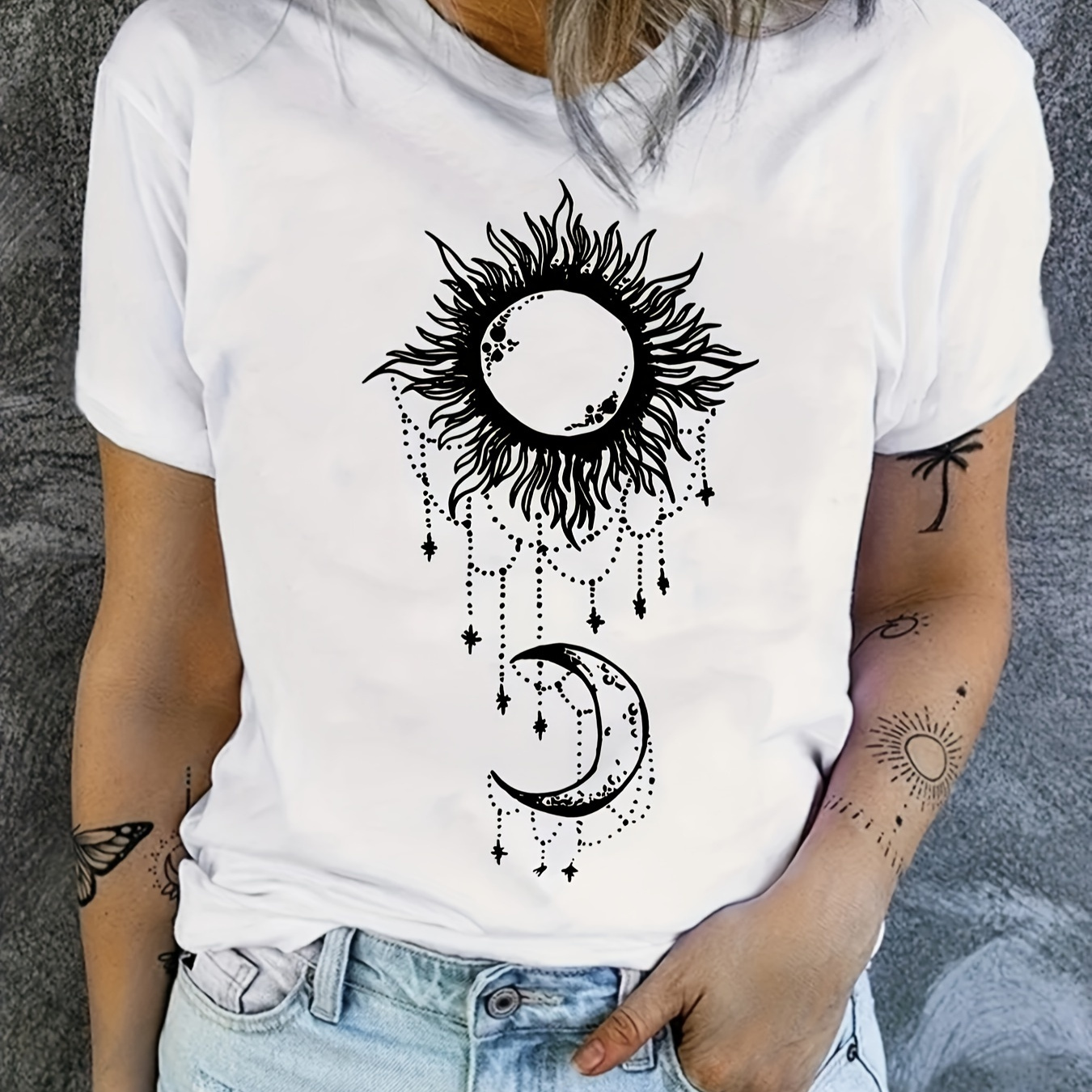 

Sun & Moon Print Crew Neck T-shirt, Casual Short Sleeve T-shirt For Spring & Summer, Women's Clothing