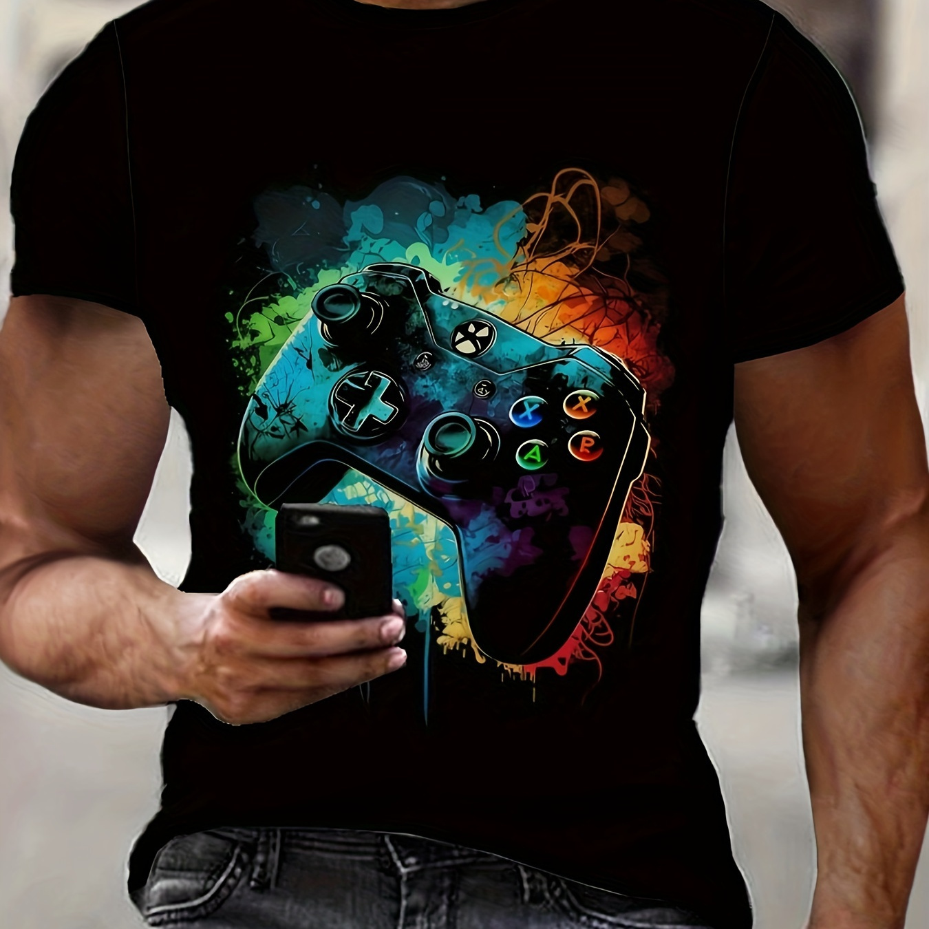 

Men's 3d Game Controller Print T-shirt, Casual Crew Neck, Polyester Knit Fabric With Slight Stretch, Regular Fit, For Adult Tee