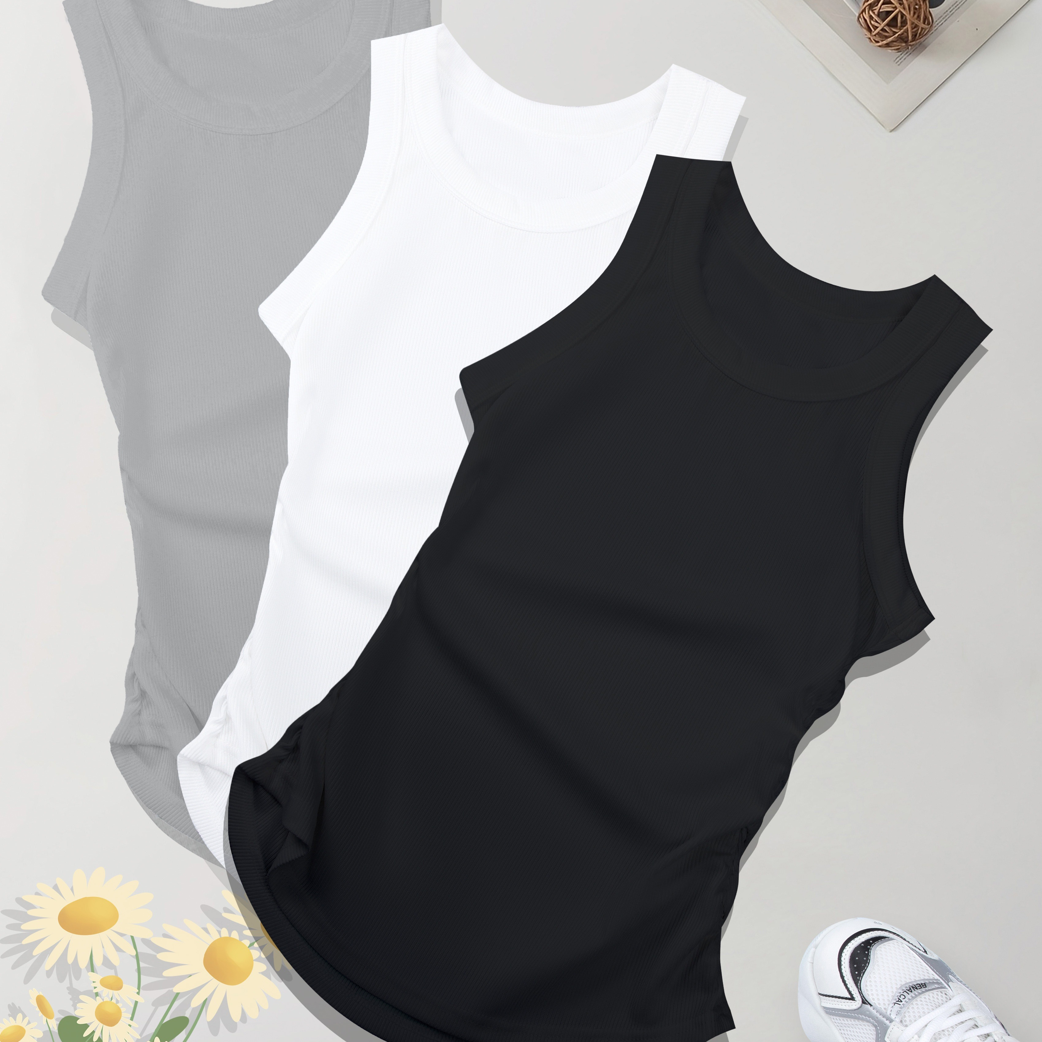 

3-pack Women's Sleeveless Tank Tops, Summer Workout & Casual Ribbed Basic Shirts, Slim Fit Athletic Vests, Sporty Style