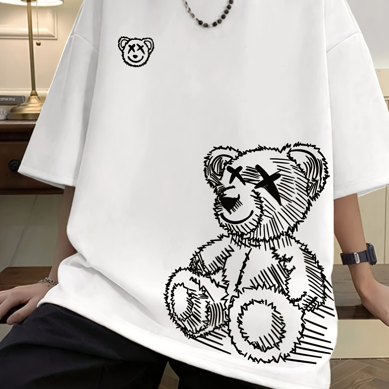 

Women's Casual Crew Neck T-shirt With Cartoon Bear , Short Sleeve Knit Fabric Top, Regular Length, Polyester 95% Spandex 5%, All