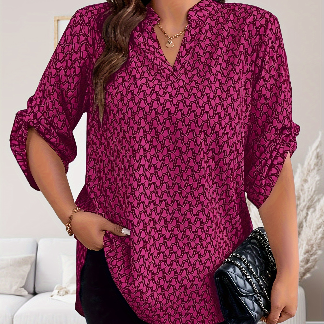 

Plus Size Casual Blouse, Women's Plus Allover Print Roll Up Sleeve Notched Neck Tunic Top