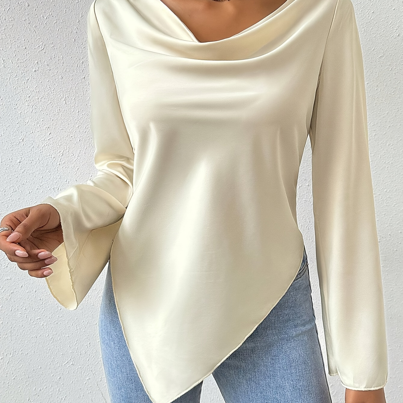 

Elegant Polyester Cowl Neck Blouse - Women' Color Long Bell Sleeve Top With Hem For All - Woven Polyester 100% - Adult Fashion Shirt