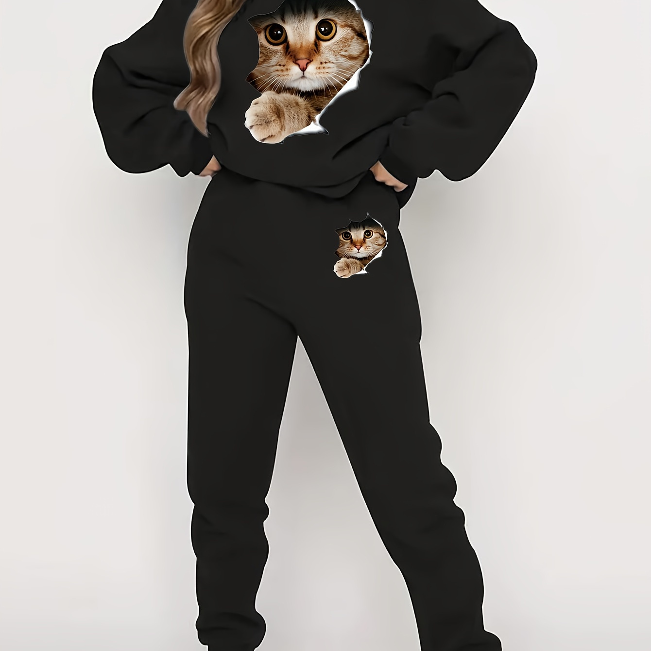 

Cat Print Casual Pantsuits, Long Sleeve Crew Neck Sweatshirt & Elastic Waist Pants Outfits, Women's Clothing