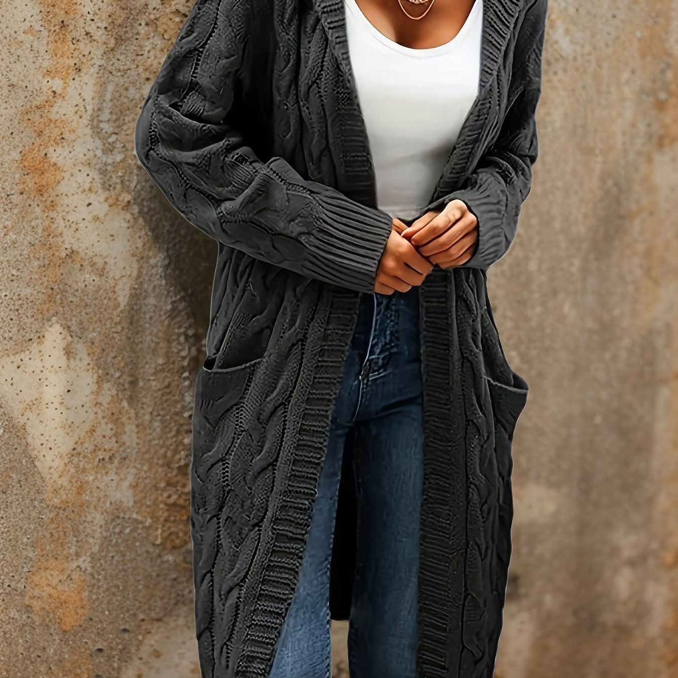 

Plus Size Cozy Cardigan - Women' Cable Long Sleeve Open Front Hooded Cardigan With Pockets For Casual , Cozy Micro- Comfort