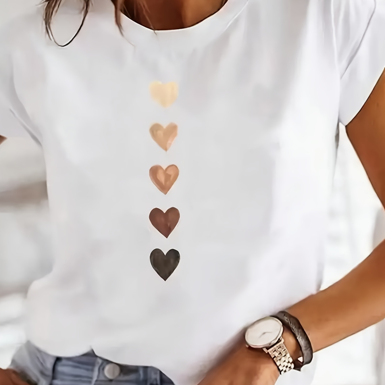 

Heart Neck T-shirt, Casual Short Sleeve Top For , Women's Clothing