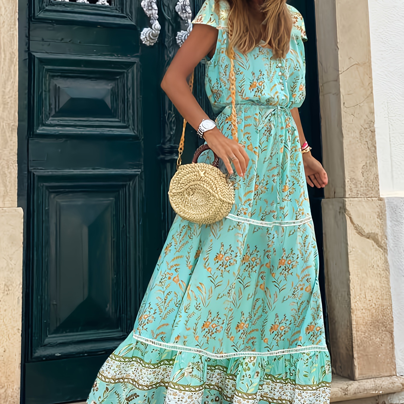 

Floral Print V Neck Dress, Elegant Cap Sleeve A-line Maxi Dress For Vacation, Women's Clothing