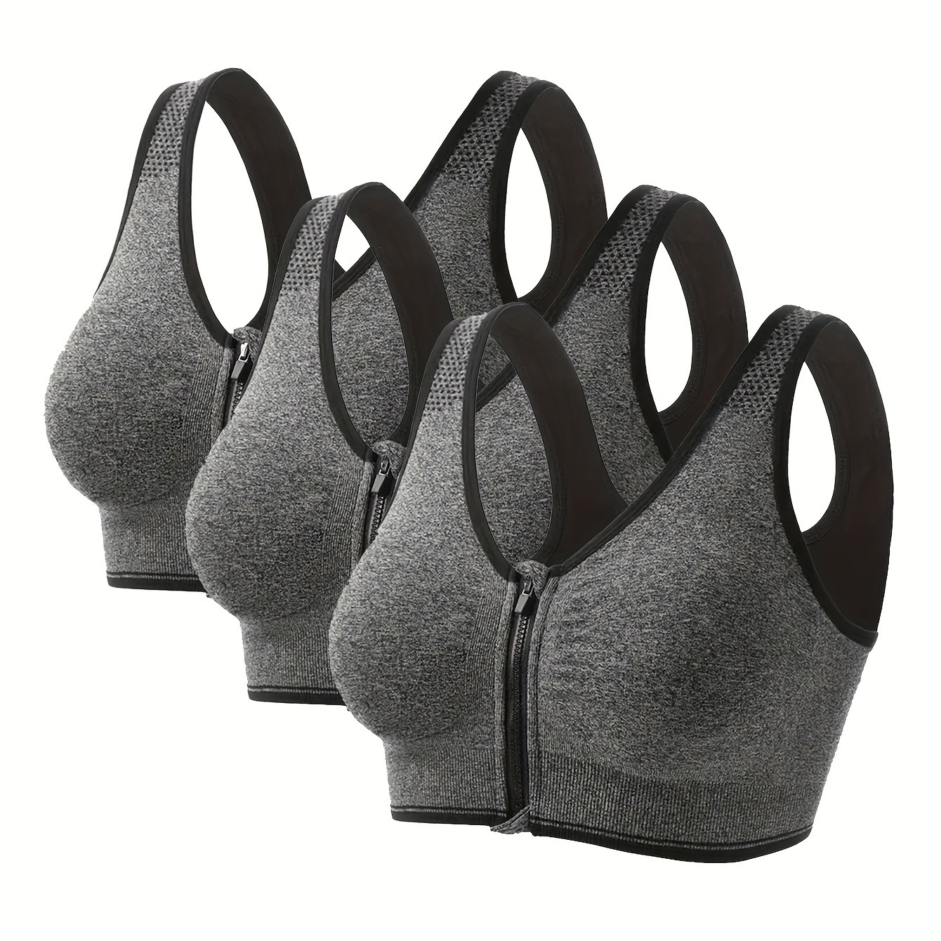 

3pcs Women's High- Bras With Front Zipper - Breathable, Wireless, Removable Pads For Running & Yoga