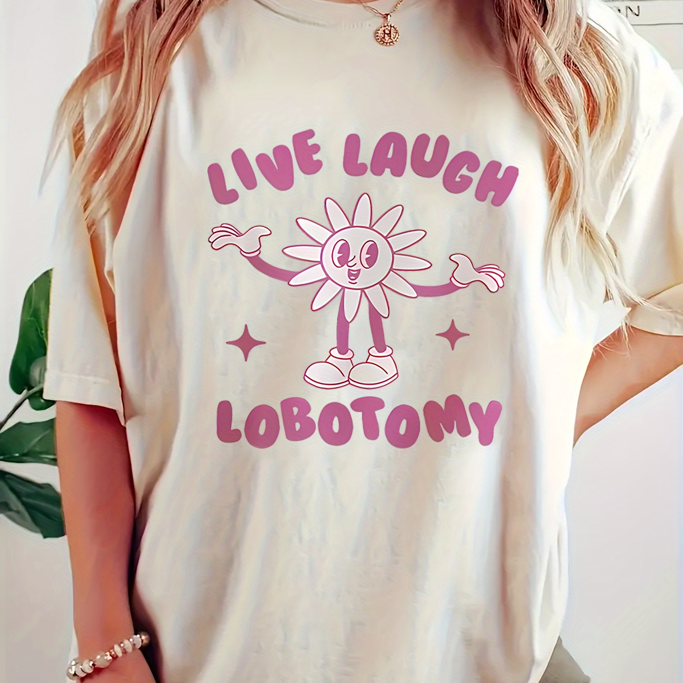 

Women's Casual Crew Neck T-shirt With Cartoon Graphic "live " - 100% Polyester Knit Fabric, Short Sleeve, Regular Length - Summer Fashion Tee