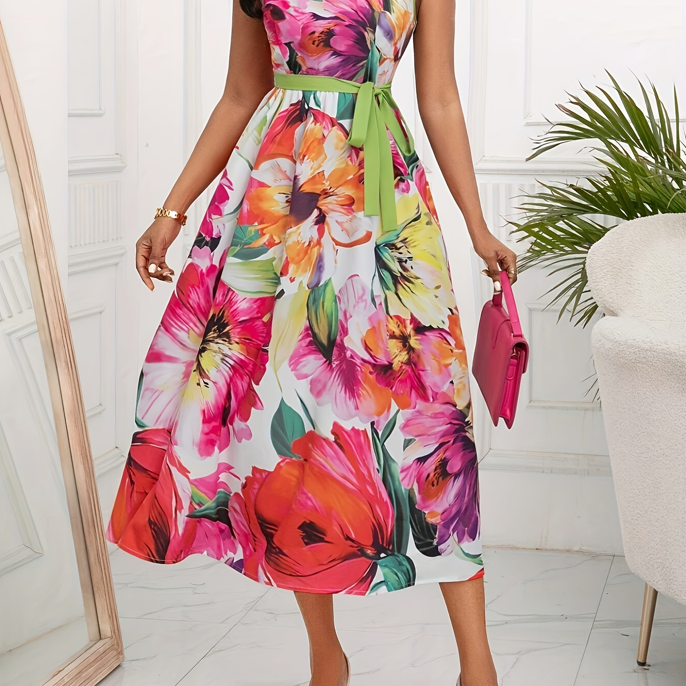 

Floral Print Crew Neck Belted Dress, Elegant Sleeveless Midi Dress For Spring & Summer, Women's Clothing