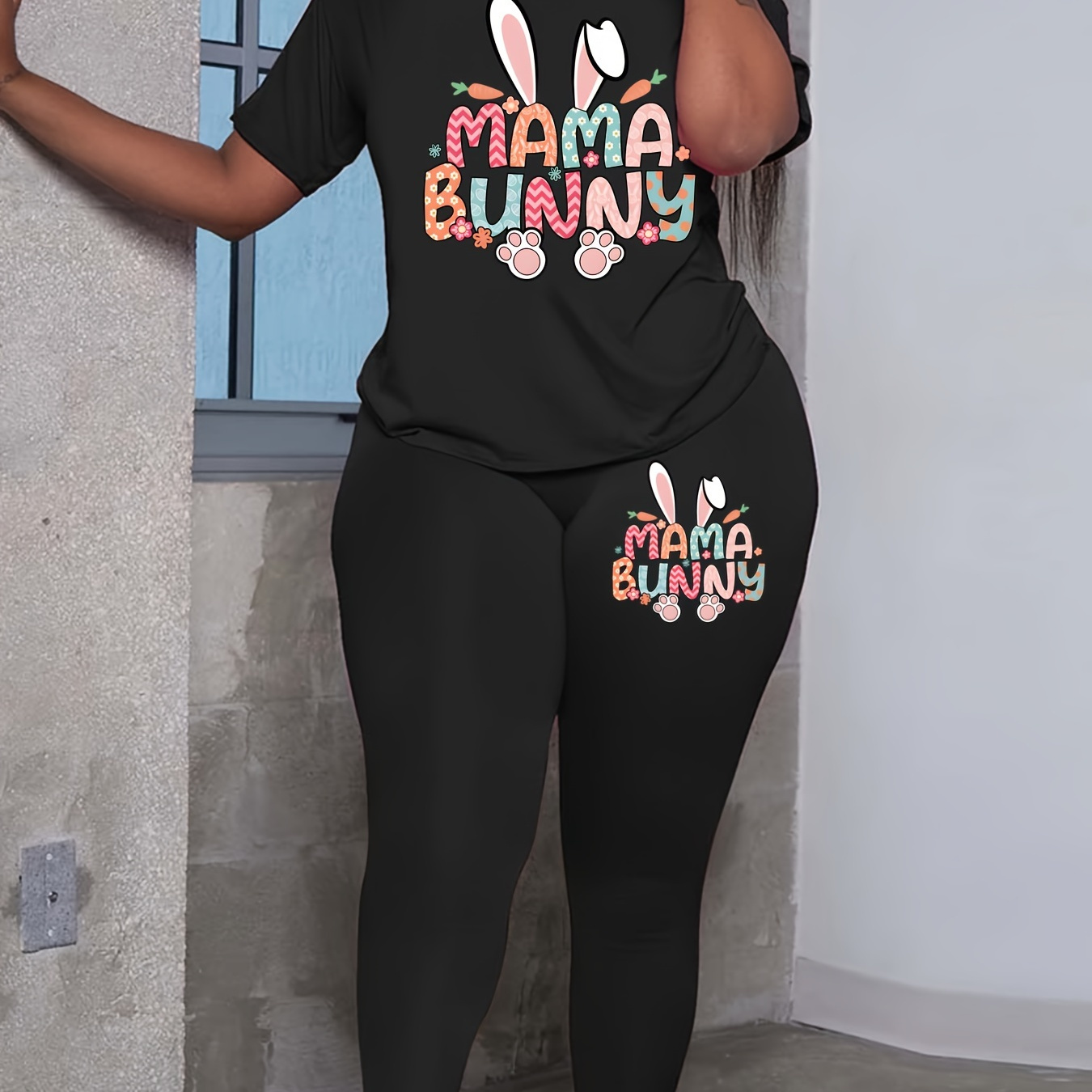 

Easter Bunny Print Two-piece Set, Casual Short Sleeve T-shirt & Skinny Pants Outfits, Women's Clothing