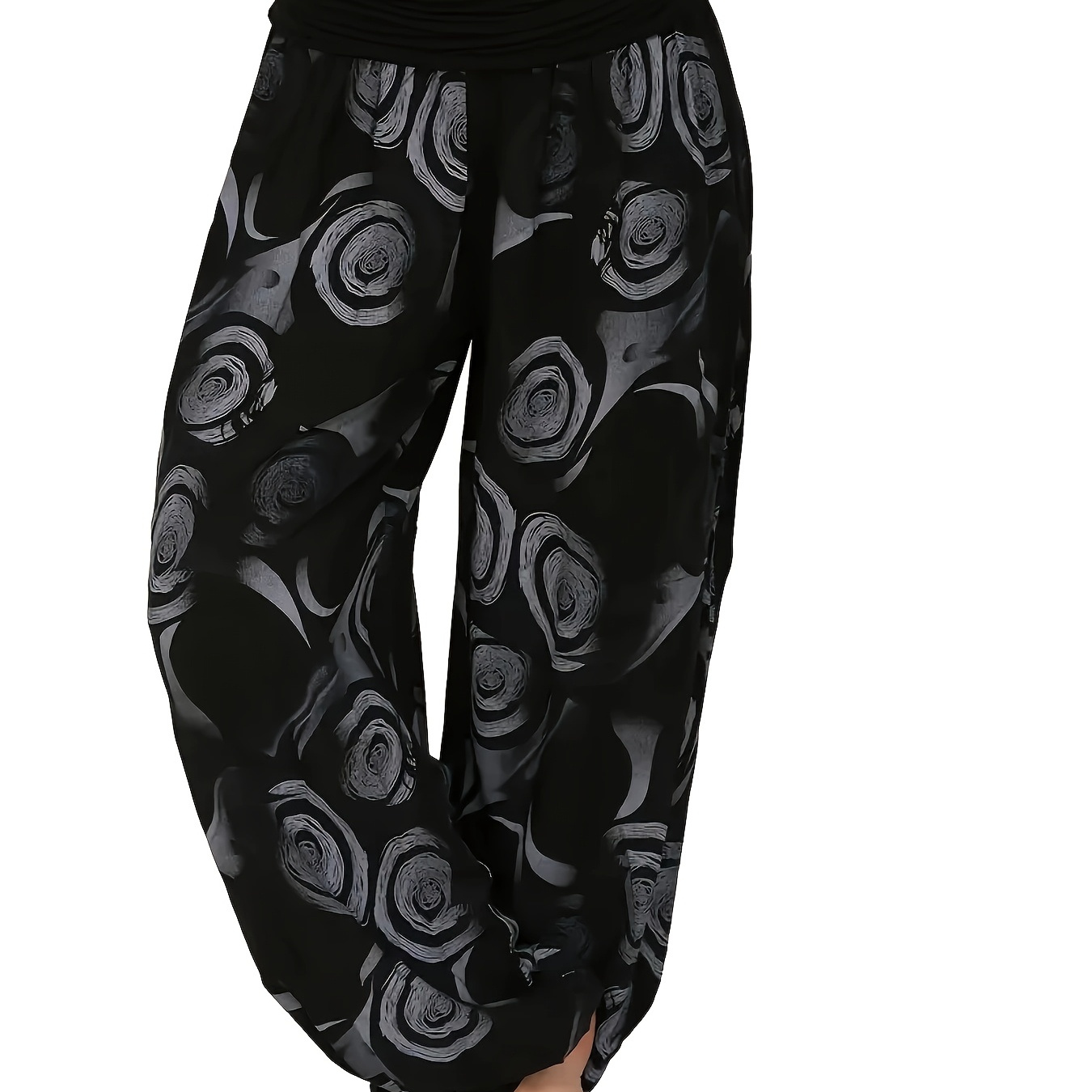 

Women's Floral Print Harem Pants, Casual Polyester Knit Fabric With Medium Stretch, Long Wide Leg Yoga Trousers, Yoga Pants