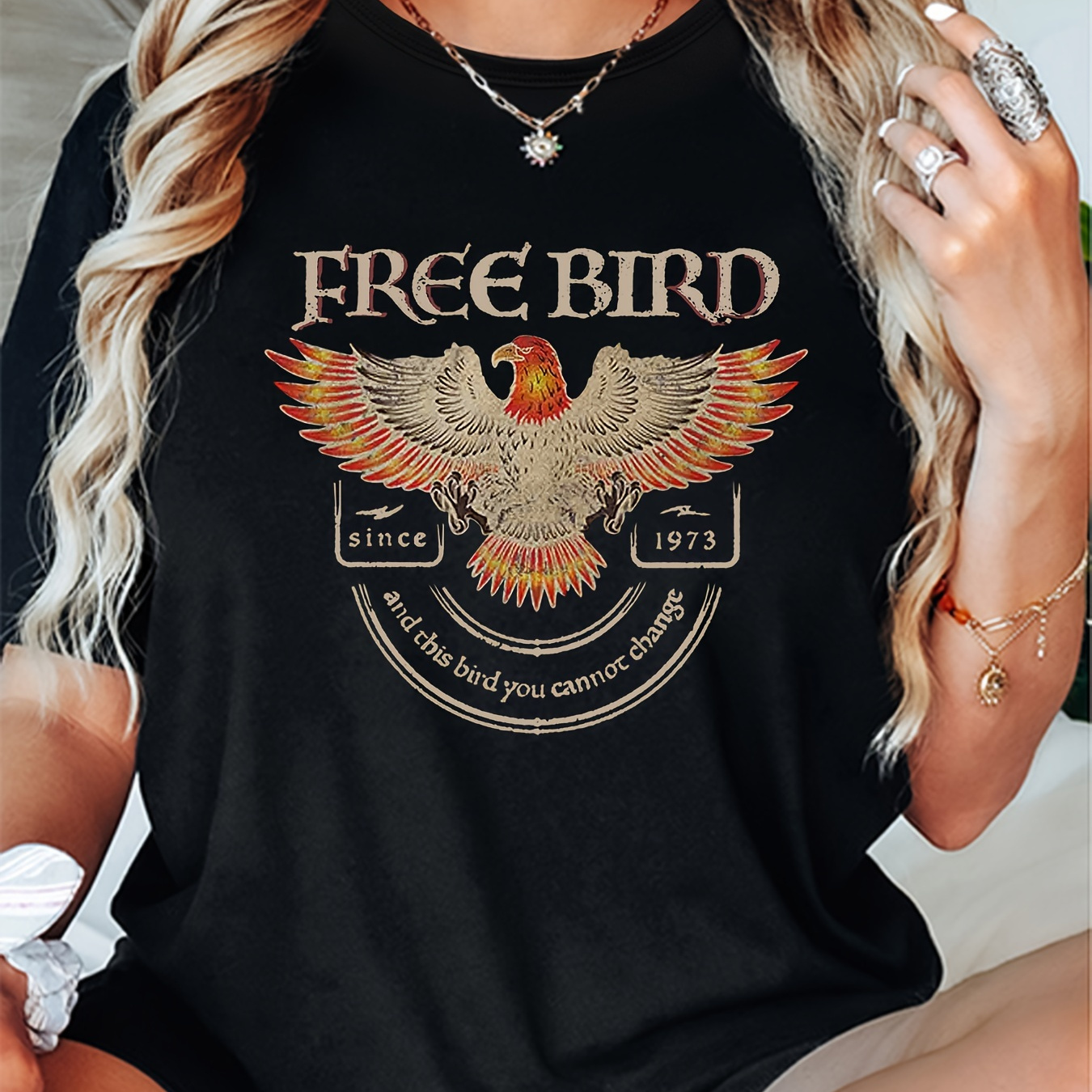 

Women's "free Bird" Eagle Print T-shirt, Casual Round Neck Tee With 1973 Graphic, Short Sleeve, Sporty & Everyday Top, Spring & Summer Collection