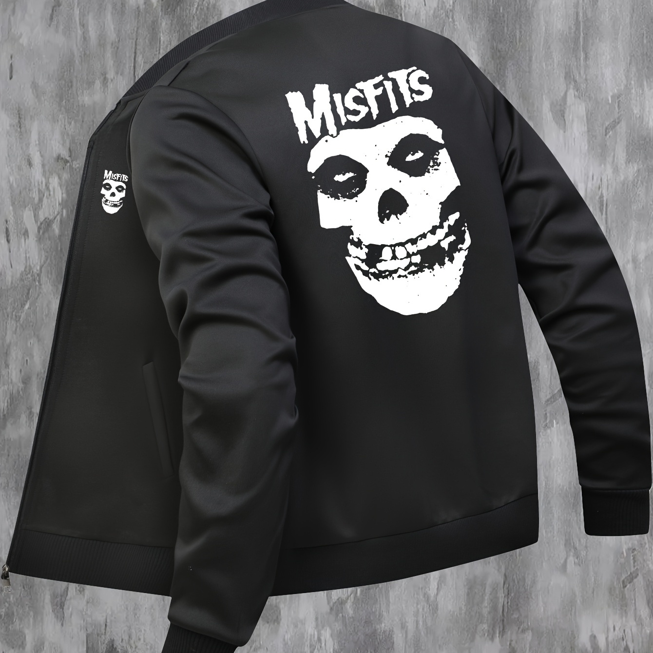 

Men' Polyester Jacket, Geometric Skull Print, Mature Style, Stretch Knit Fabric, Regular Fit, With Baseball Collar, Zipper Closure, And Pockets, For Outerwear