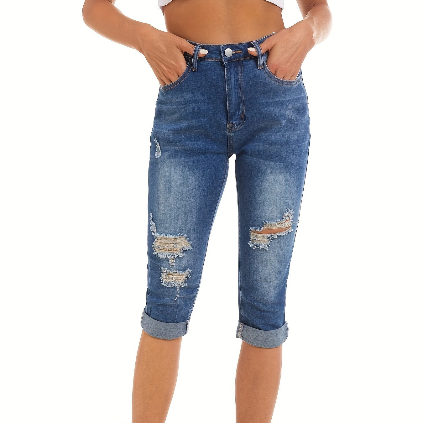Blue Ripped Holes Capris Jeans Slim Fit Mid stretch Cropped - Temu