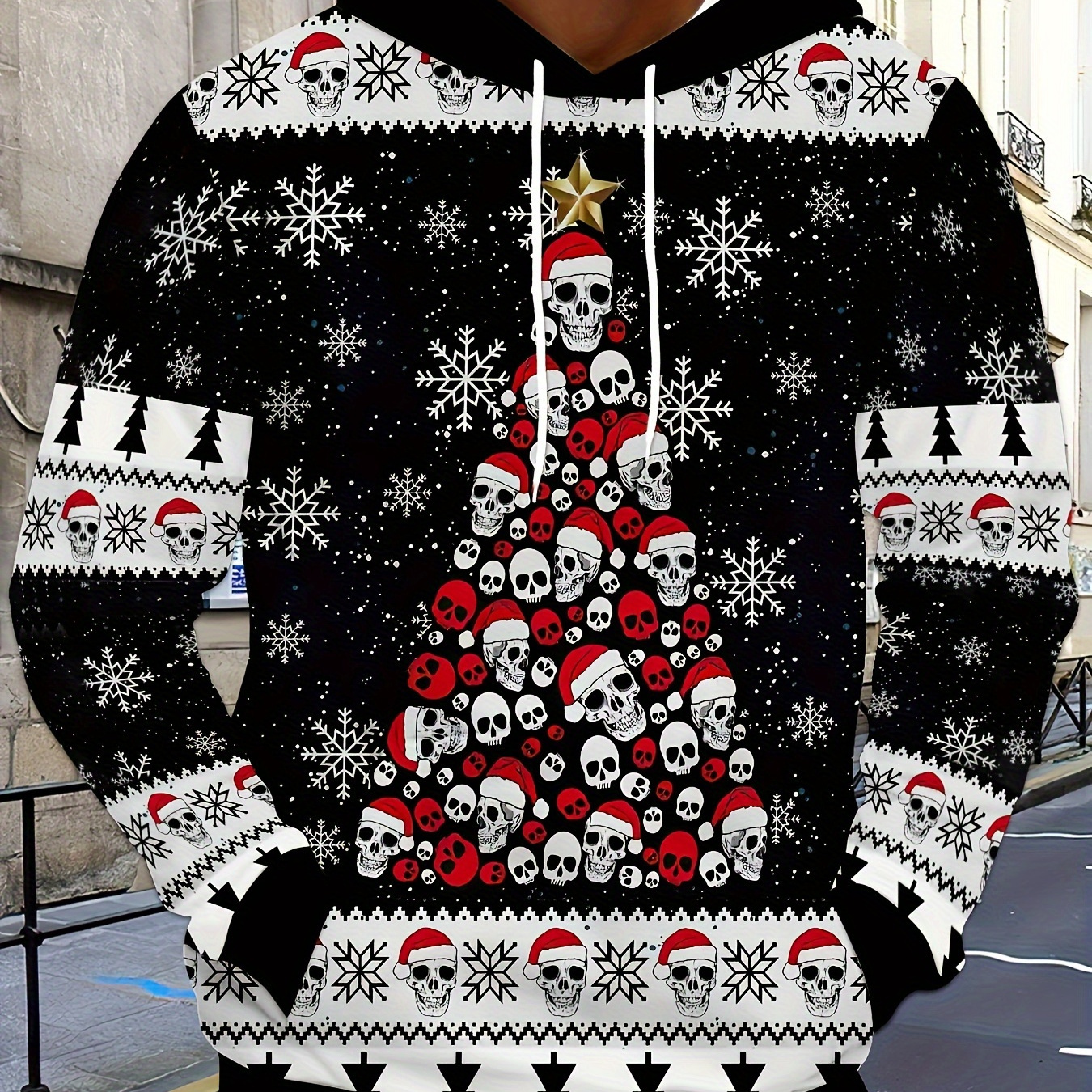 

1pc Men' Long Sleeve Hoodie, Casual Christmas Skull Tree Pattern, 3d , Large Pockets, Polyester Hooded Sweatshirt With Stretch, Knit Fabric, Regular Fit For Wear