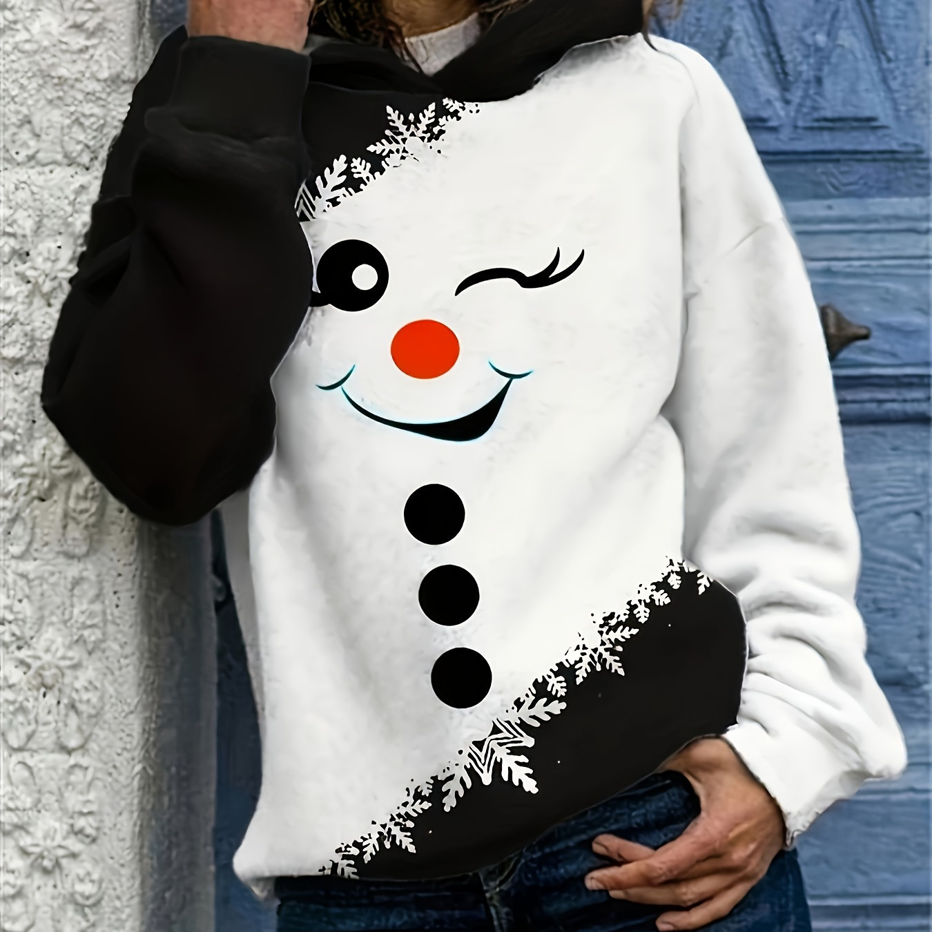 

Christmas Snowman & Hoodie - Cozy Polyester, Machine Washable, Elegant Knit Pullover For Women