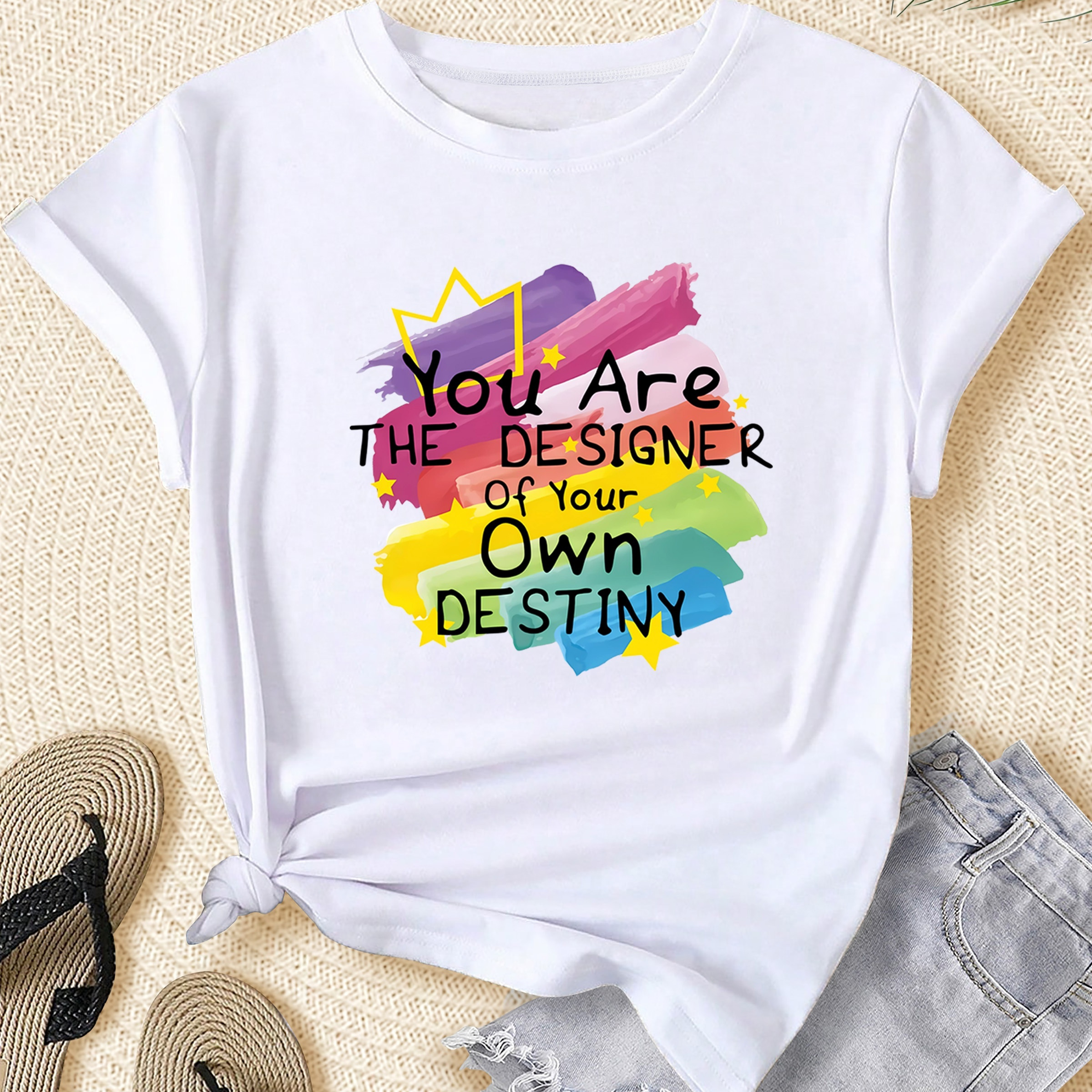 

Women's Plus Size Casual Sporty T-shirt, Colorful Graffiti And Inspirational Quote Print, Comfort Fit Short Sleeve Tee, Fashion Breathable Casual Top