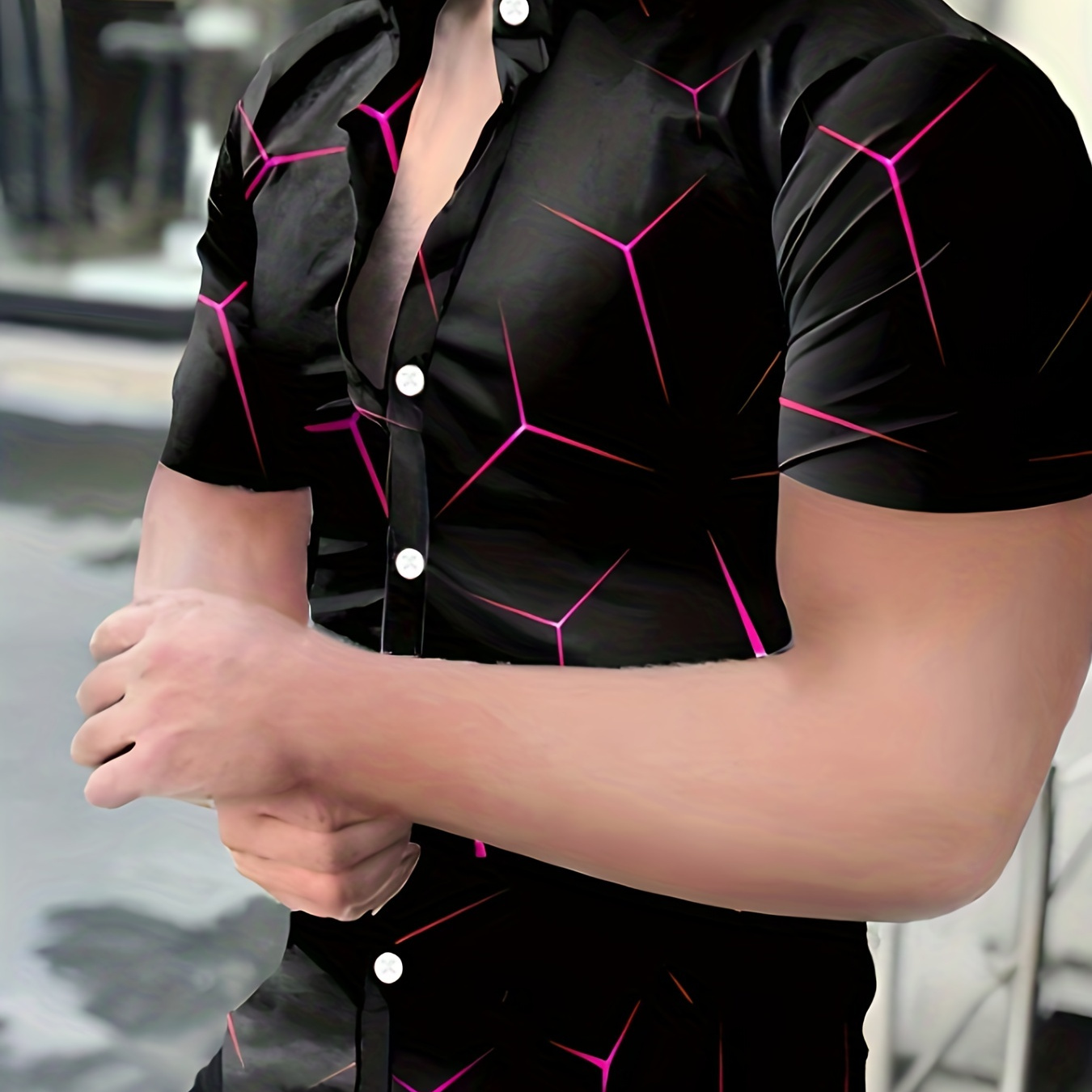 

3d Geometric Print Men's Casual Short Sleeve Shirt, Men's Shirt For Summer Vacation Resort, Tops For Men