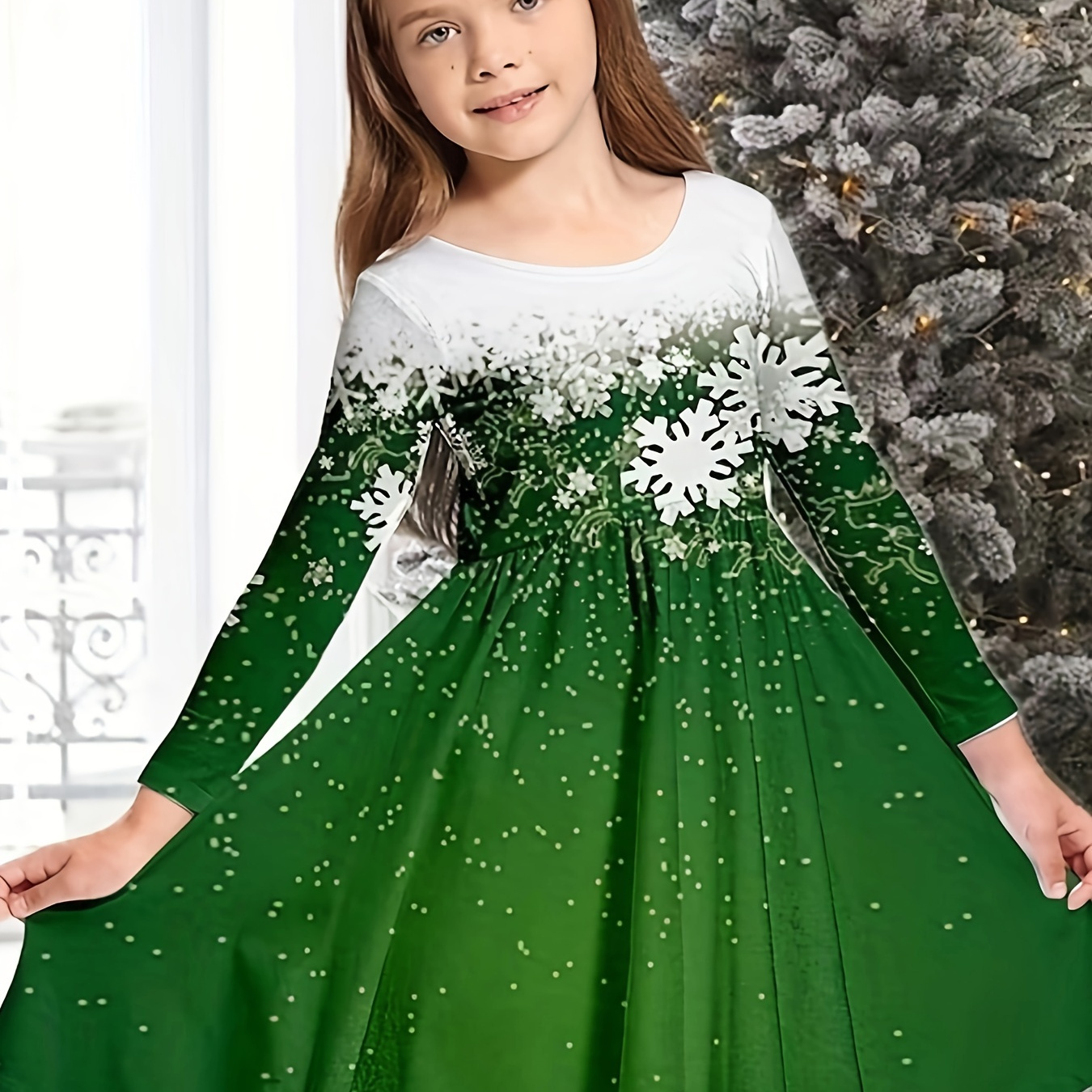 

3d Print Snowflake Graphic Long Sleeve Dress Kids Clothes For Girls Christmas Party