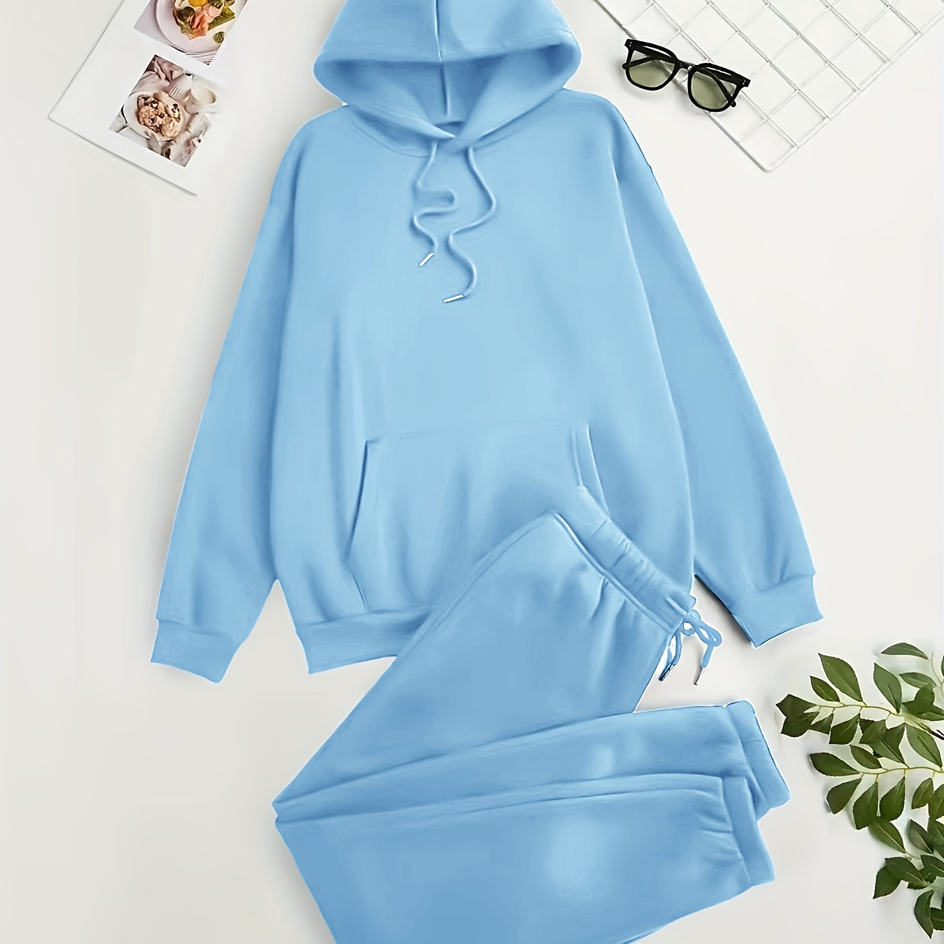

Casual Solid Two-piece Set, Kangaroo Pocket Hoodie & Drawstring Pants Outfits, Women's Clothing