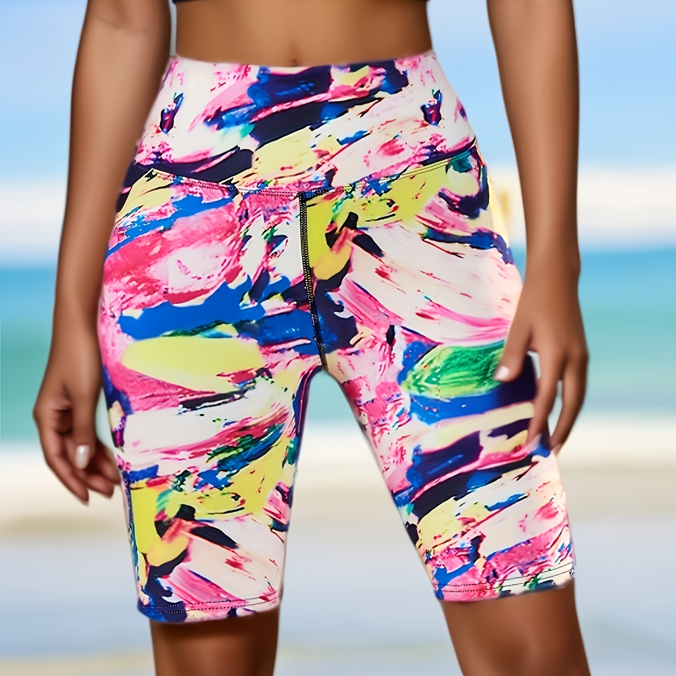 

Colorful Printed High Waist Running Yoga Shorts, Stretchy Tummy Control Butt Lifting Fitness Shorts, Women's Activewear