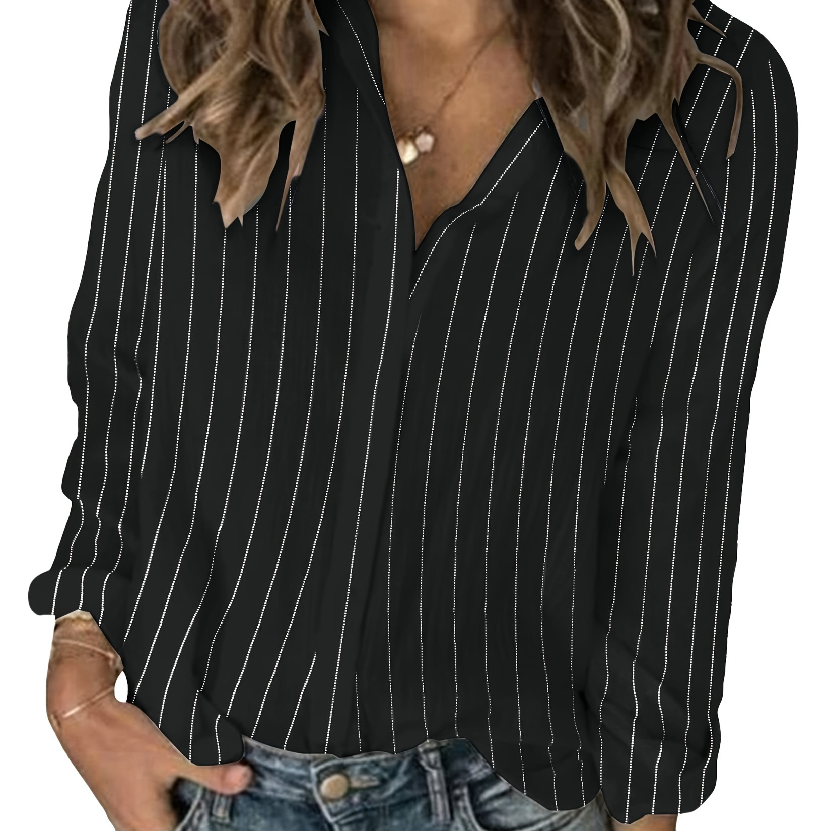 

Womens Long Sleeve Button Linen Shirt Blouse Loose Fit Casual V-neck Tops