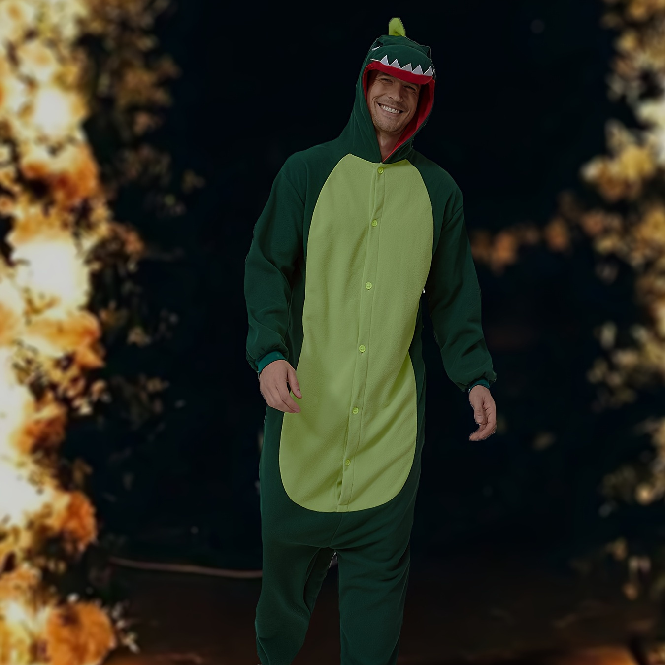 

Cozy Fleece-lined Men's Dinosaur Hooded Onesie Pajamas - Long Sleeve, Warm & For Fall/winter | Halloween & Christmas Parties