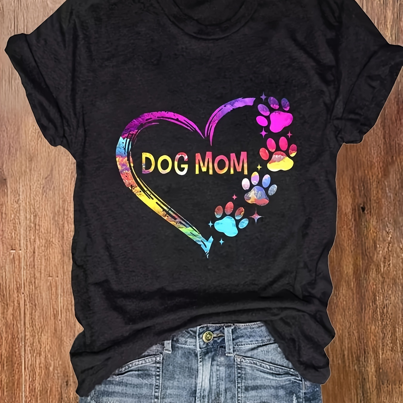 

Dog Mom" Graphic Tee - Casual Short Sleeve Crew Neck T-shirt For Women, Breathable Polyester , Machine Washable