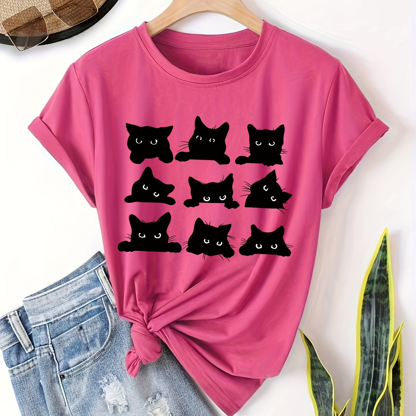 

T-shirt décontracté à imprimé de chats mignons, col rond et manches courtes pour le printemps et l'été, vêtements pour femmes