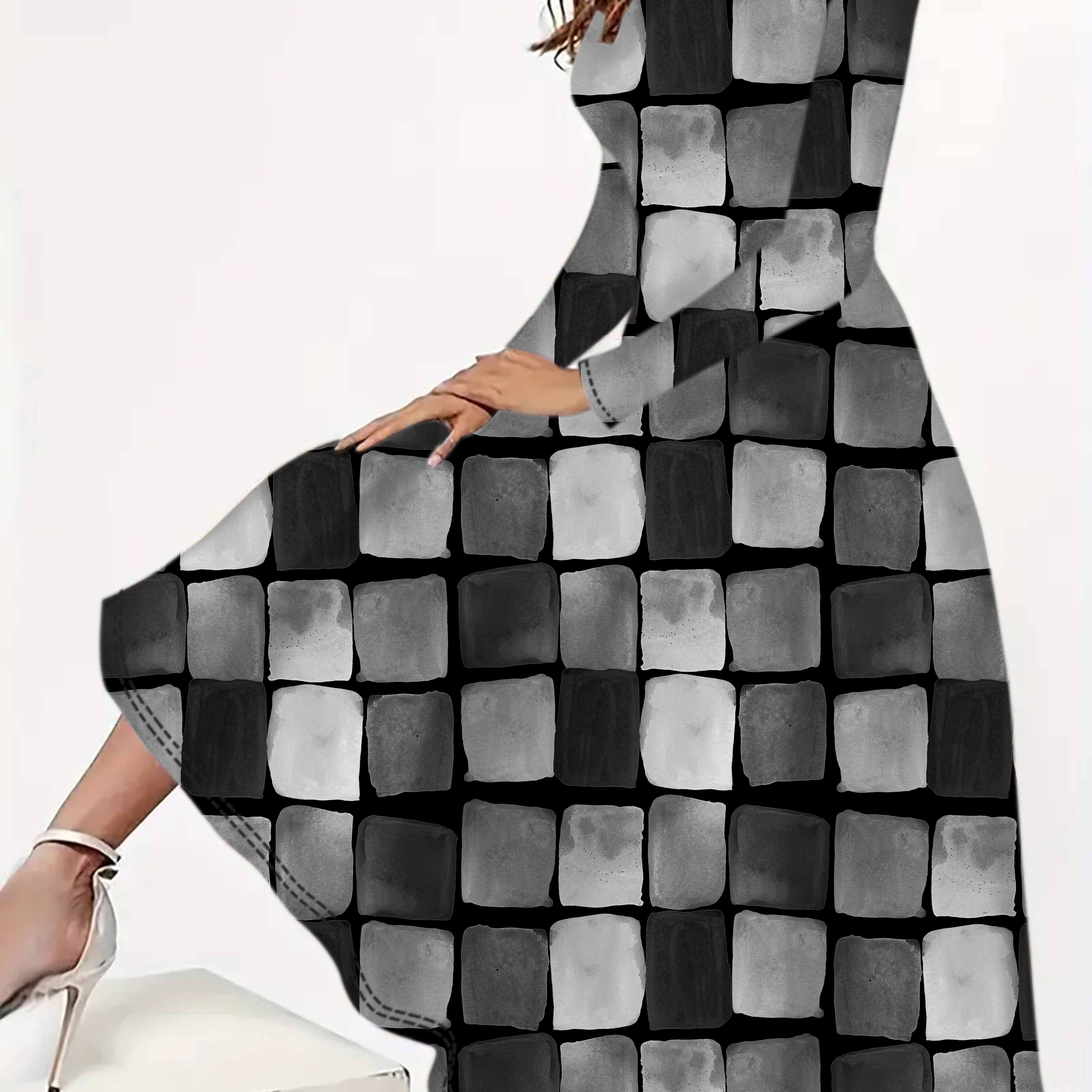 

Plus Size Women's Elegant Round Neck Long Sleeve Dress, Stretch Polyester Knit Fabric, Grid Print, , Loose Fit, Knitted Fabric, Fashionable Plus Size Dress
