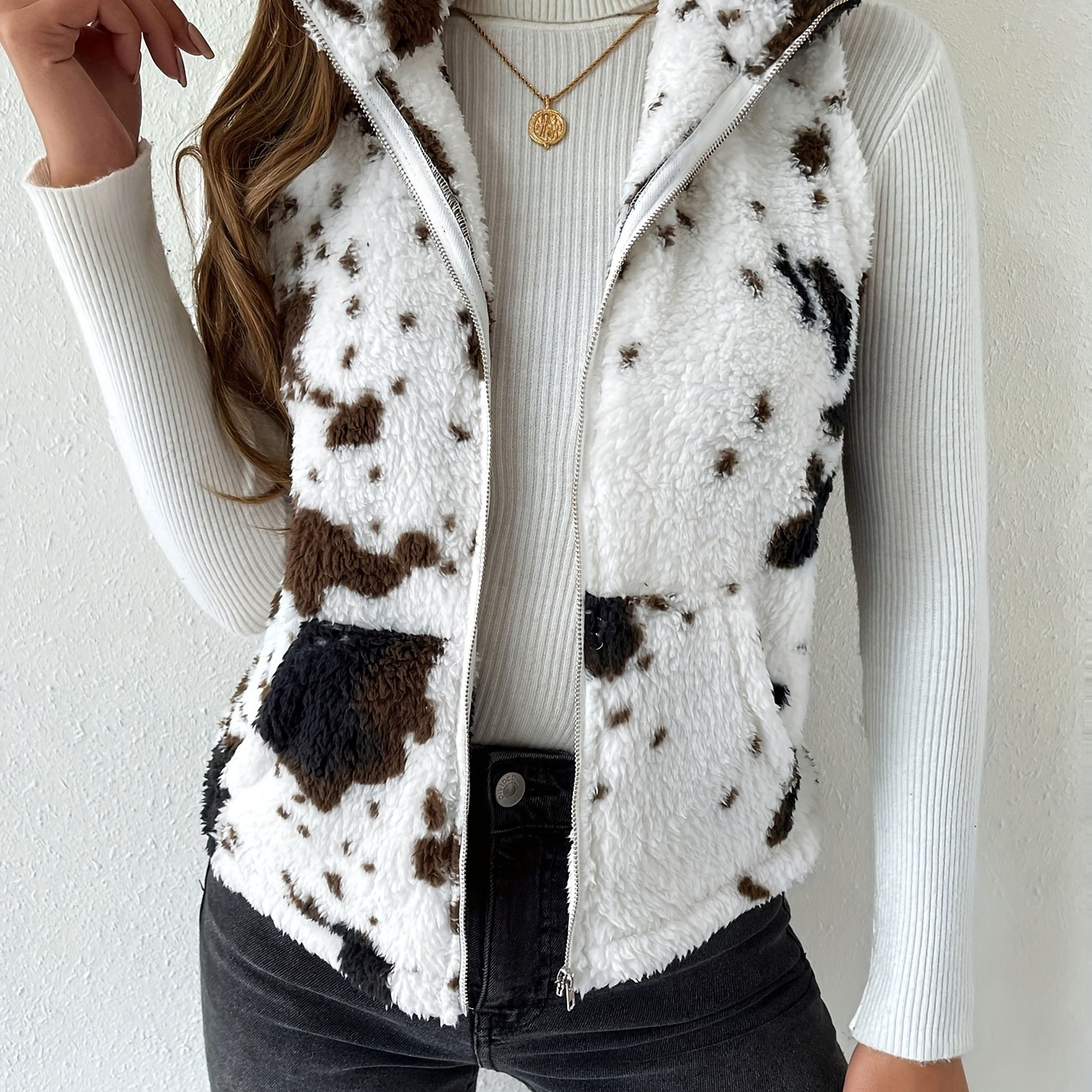 

Cow Pattern Plush Zip Up Stand Collar Vest, Casual Sleeveless Slant Pockets Warm Gilet Jacket For Winter & Fall, Women's Clothing