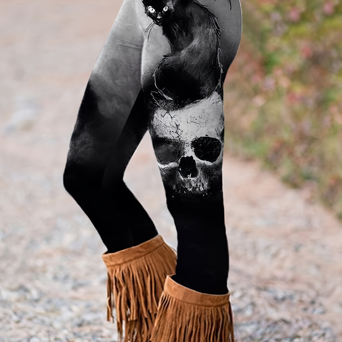 

Skull Print High Waist Skinny Leggings, Gothic Tummy Control Stretchy Leggings, Women's Clothing