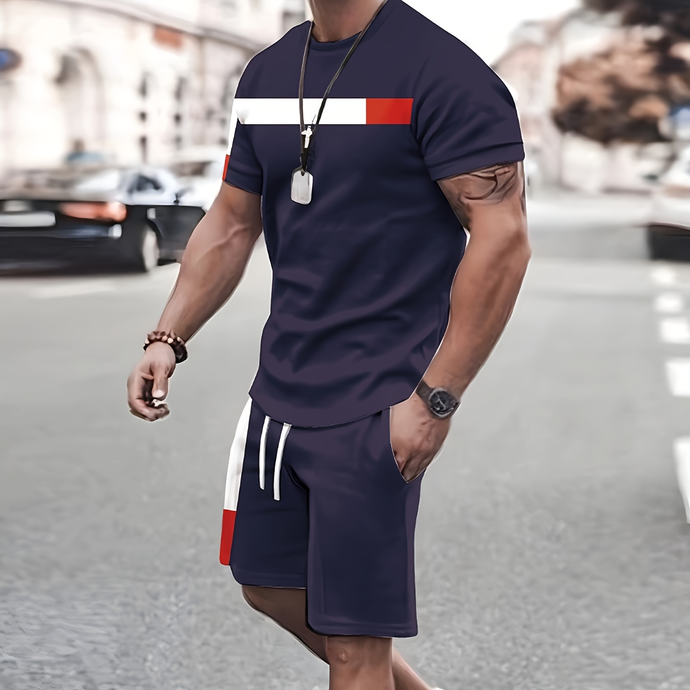 

Geometric Print Men's Short Sleeve T-shirt & Drawstring Shorts 2pcs Casual Sports Regular Tee Top Pants Suit Outfits For Spring Summer, As Gifts