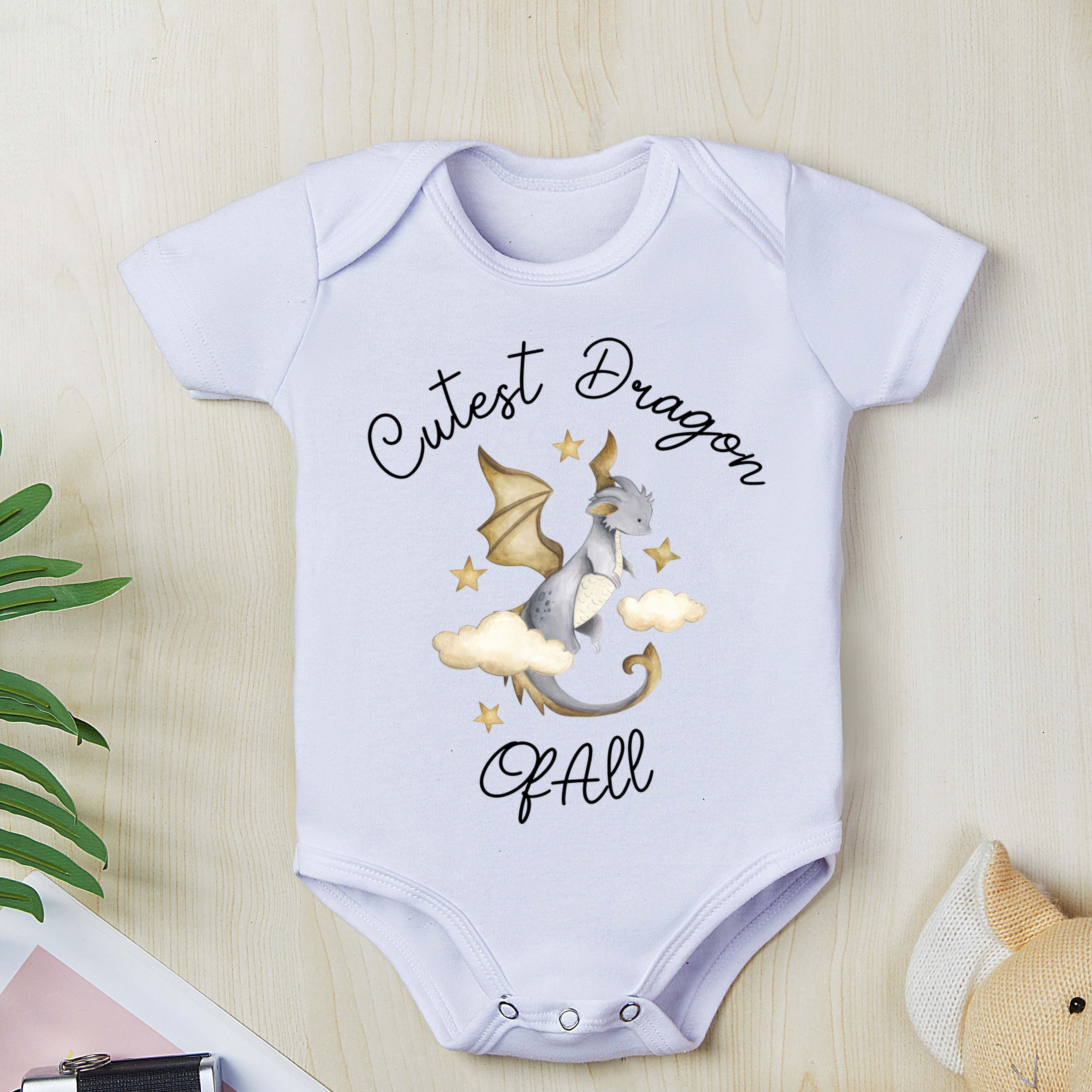 

Baby's "cutest Dragon" Print Cotton Triangle Bodysuit, Comfy Short Sleeve Romper, Toddler & Infant Girl's Onesie For Summer, As Gift