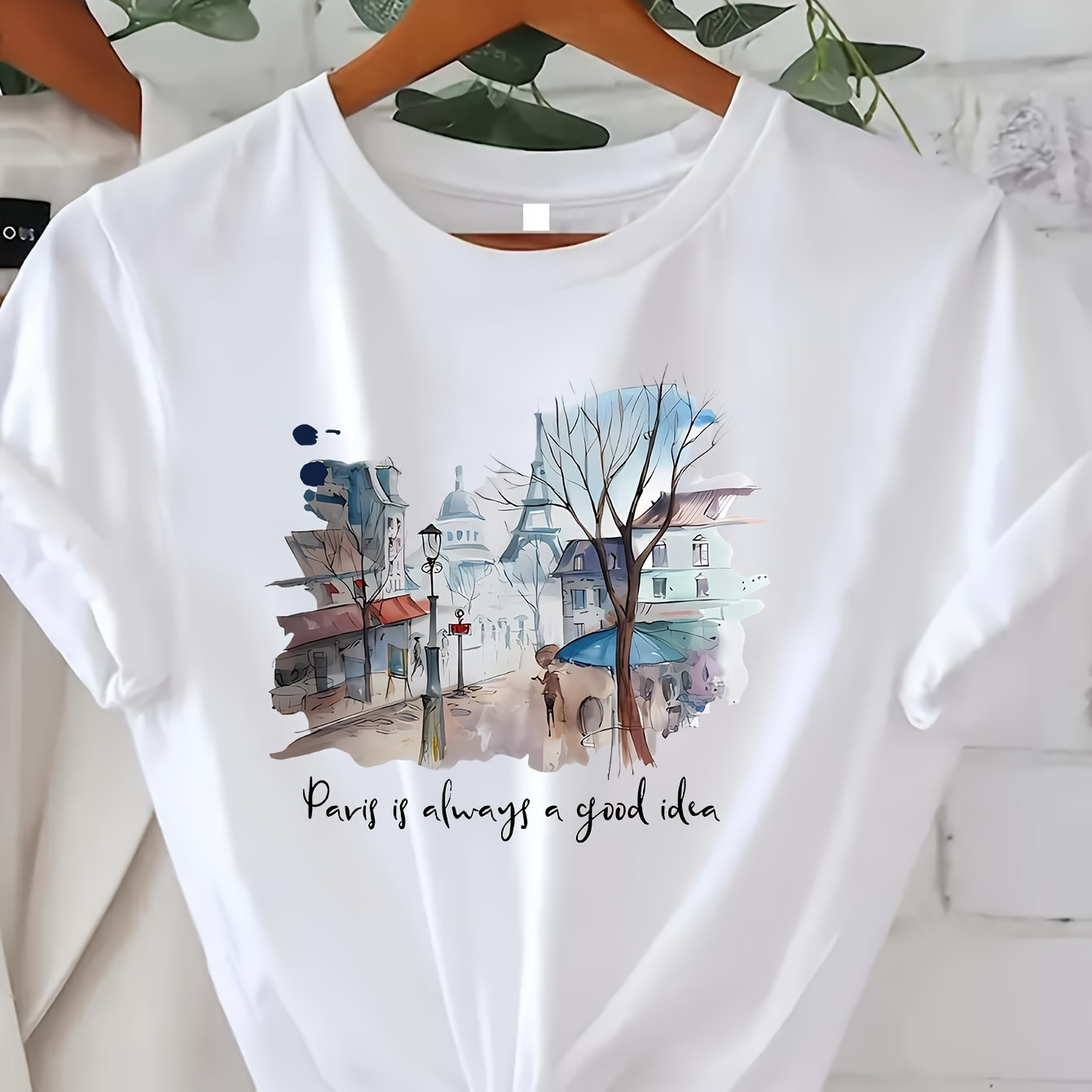 

Paris Print Crew Neck T-shirt, Short Sleeve Casual Top For Summer & Spring, Women's Clothing
