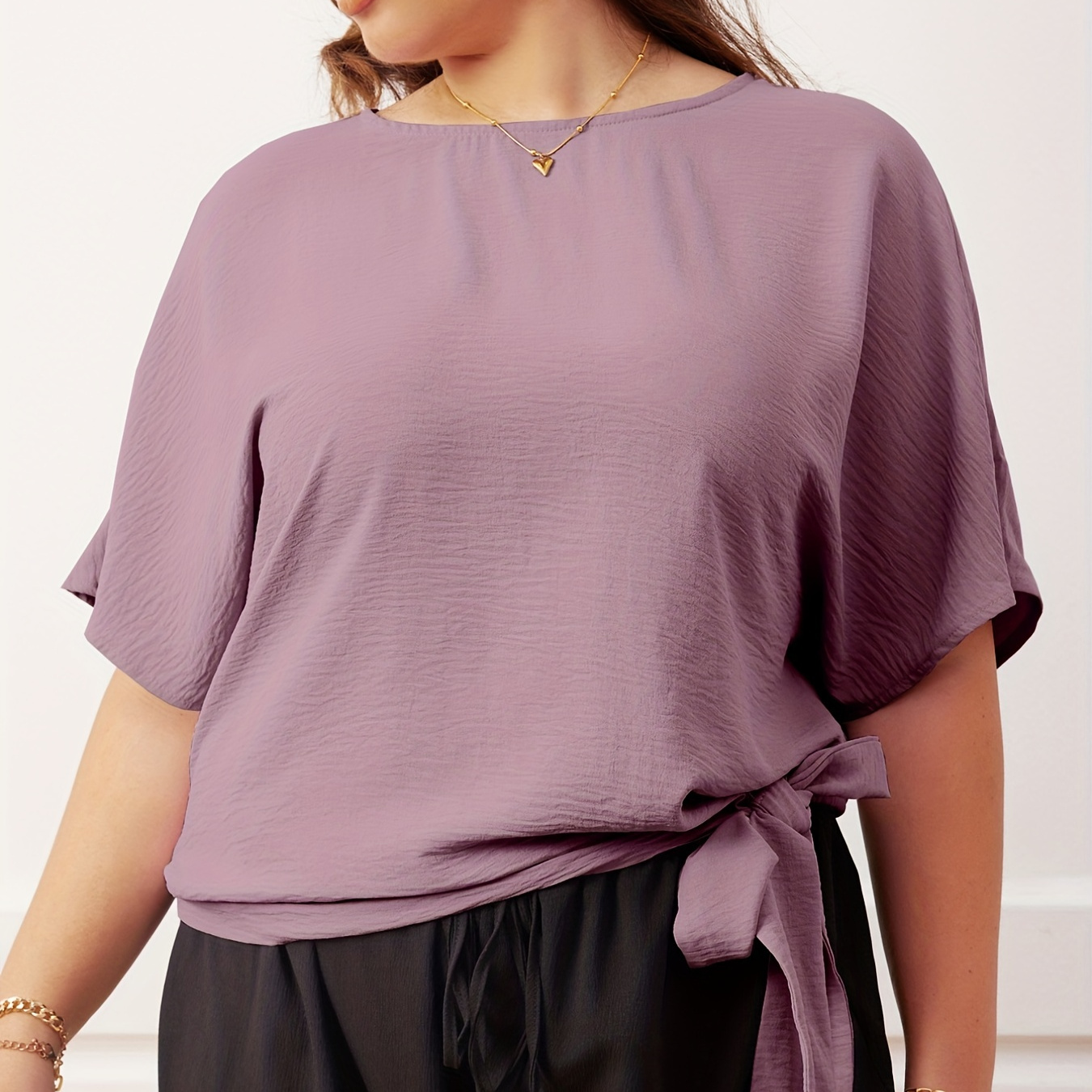 Plus Size Casual Top, Women's Plus Plain Bat Sleeve Round Neck Bow Knot Oversized Top