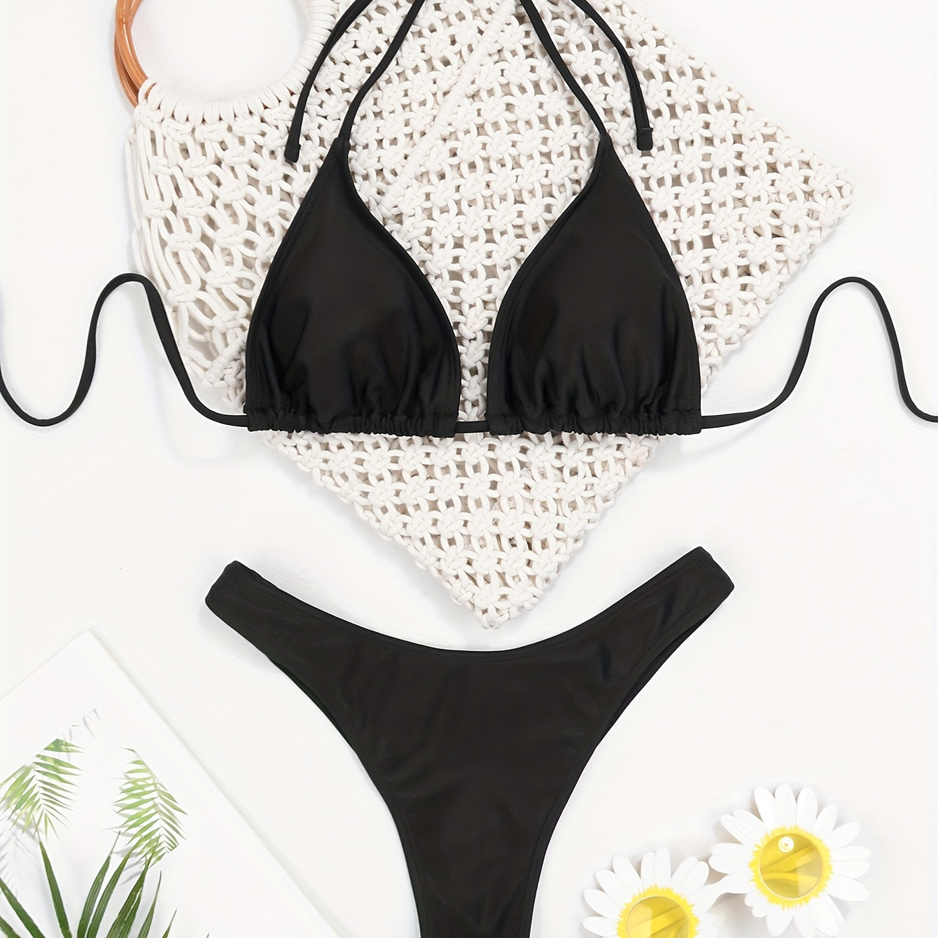 

Plain Black Triangle 2 Piece Set Bikini, Spaghetti Strap High Stretch Backless Top & Thong Swimsuits, Women's Swimwear & Clothing