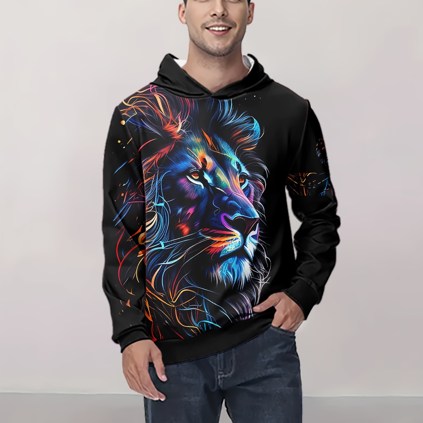 

Men's 3d Print Lion Hoodie - Casual Polyester Knit Fabric, Regular Fit, Mature Style, Slight Stretch, 200g/m² - Spring/fall Animal Pattern Long Sleeve Hooded Top