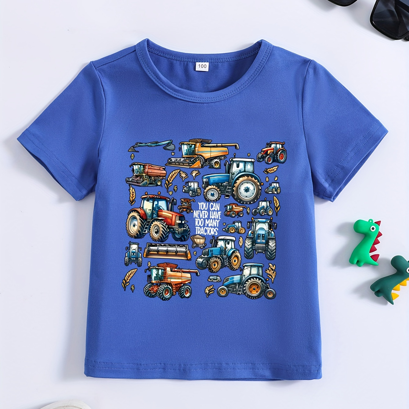 

Boys' Summer Short Sleeve Cartoon Tractor Printed T-shirt, Casual Crew Neck, Knit Fabric