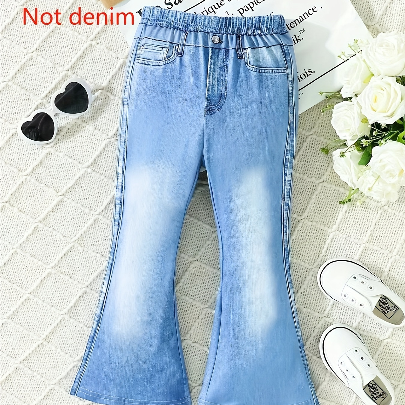 

Toddler Girls Imitation Denim Full Print Bell-bottom Pants Leggings Elastic Waist Pocket Button Design For Going Out