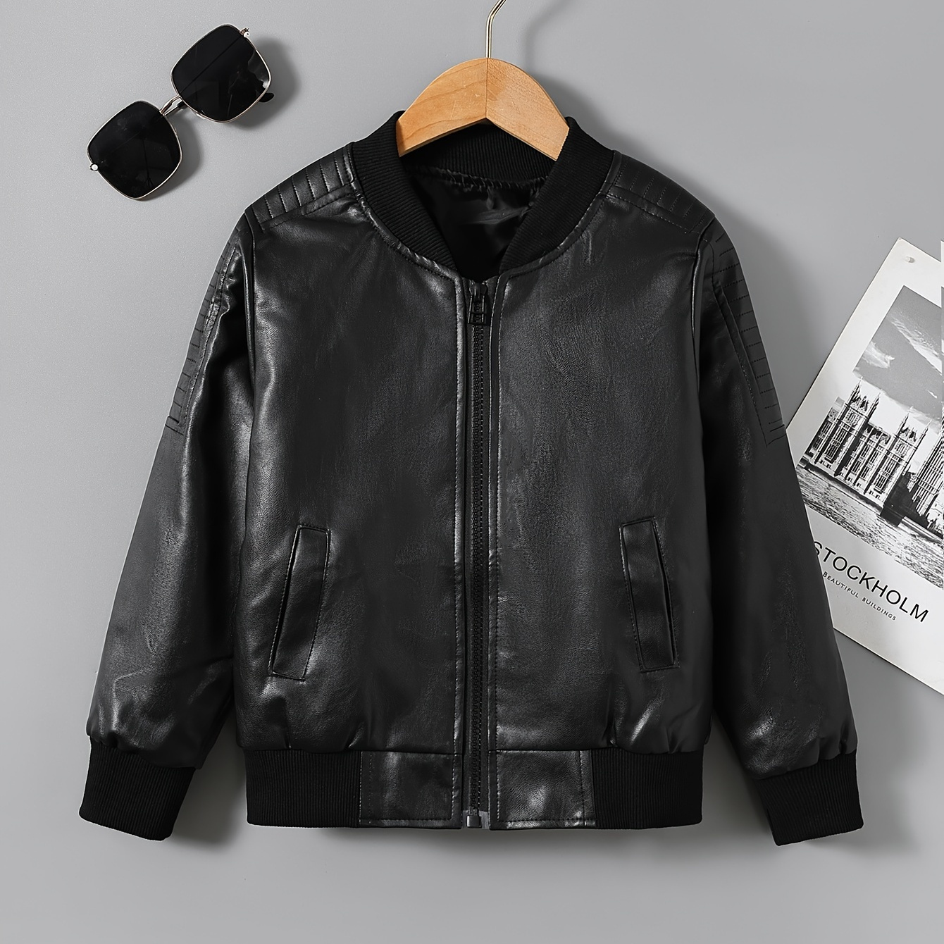 

Veste En PU Filles, Veste De À Col Bande Et Fermeture Éclair Un
