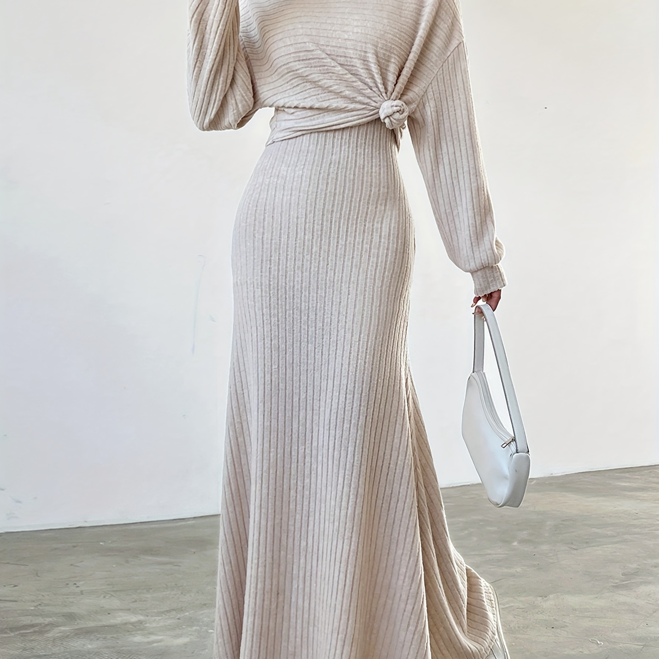 

Elegant Solid Color Ribbed Dress Set, Long Sleeve Crew Neck Cover Up Top & Slinky Sleeveless Tank Dress, Women's Clothing