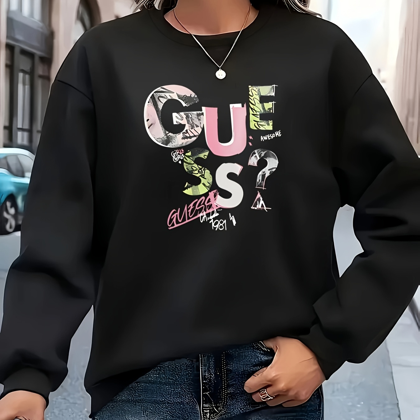 

Guess Street Trend Letter Pattern Printing, Long Sleeve Warm Lining; Plus Size Sweatshirt, Soft Slightly Stretched Polyester T-shirt With Long Sleeves - Perfect For Fall And Winter Clothing