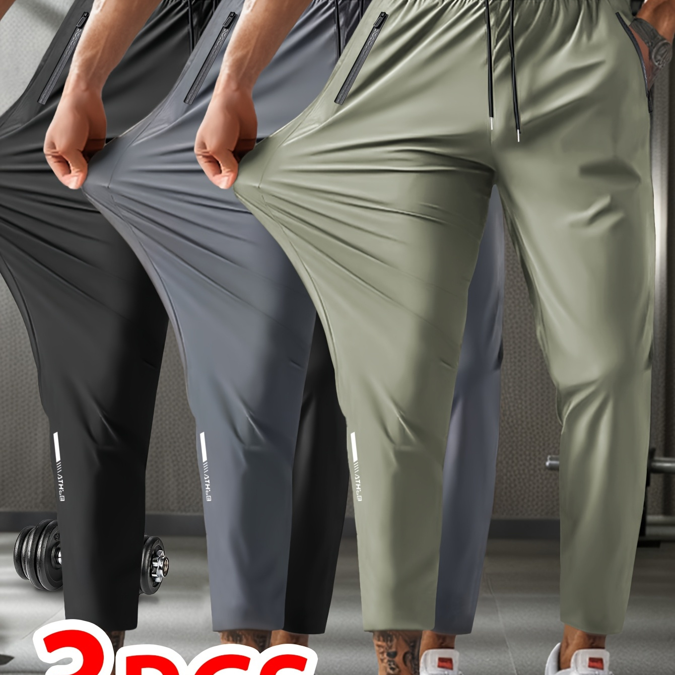 

3pcs-men' Pants With Waist Drawstring, Zipper Pockets, Comfortable And Breathable High Fabric, Suitable For Outdoor Jogging, Gym, Casual Pants, Nine-inch Pants