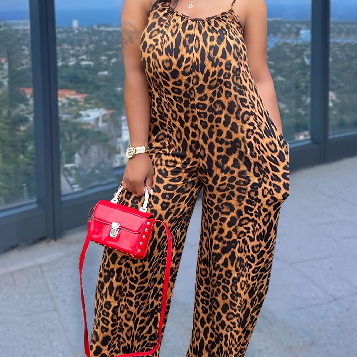 

Leopard Print Cami Jumpsuit, Casual Sleeveless Jumpsuit With Pocket For Spring & Summer, Women's Clothing