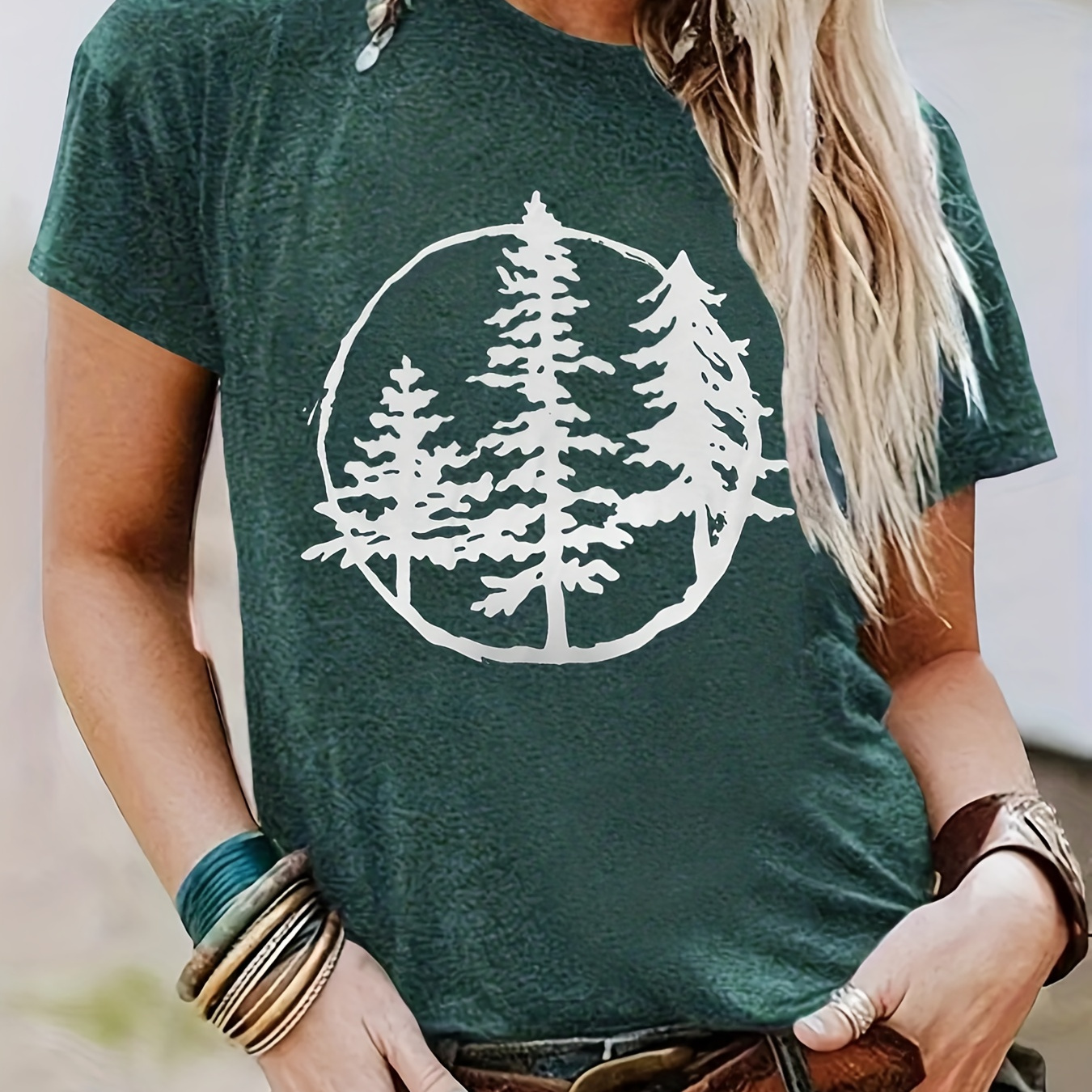 Trees Print T-shirt, Casual Crew Neck Short Sleeve Summer T-shirt, Women's Clothing